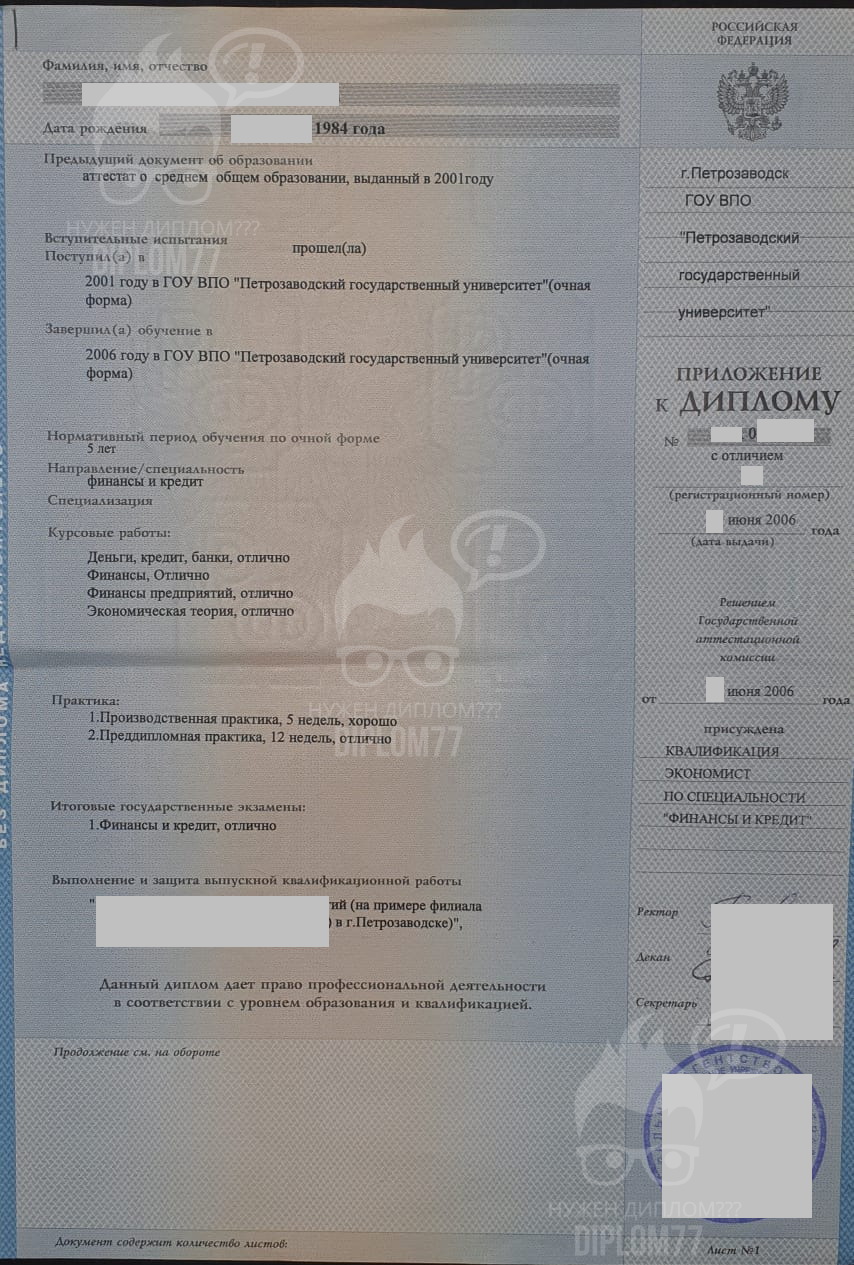 Диплом ПетрГУ Финансы и кредит 2006 г. (приложение)